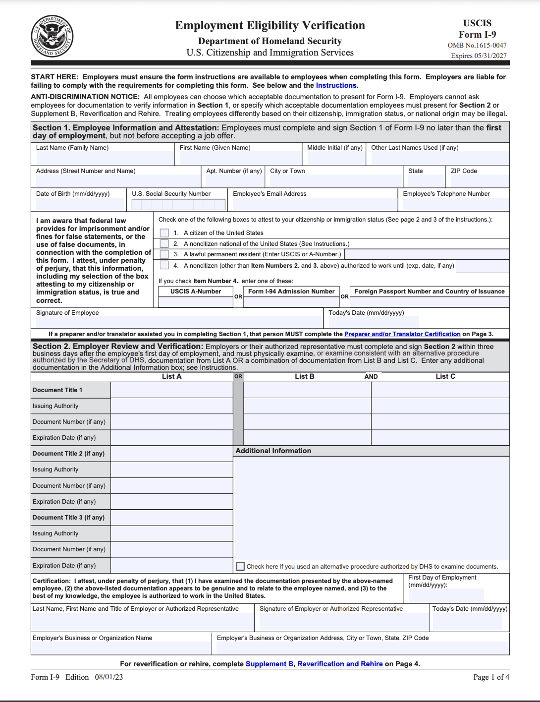Fillable I-9 Form preview